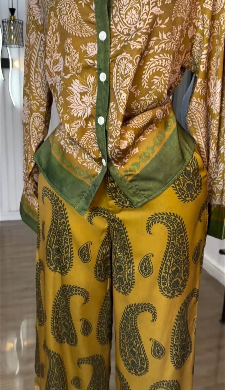 Wide leg printing long pants autumn shirt a set for women