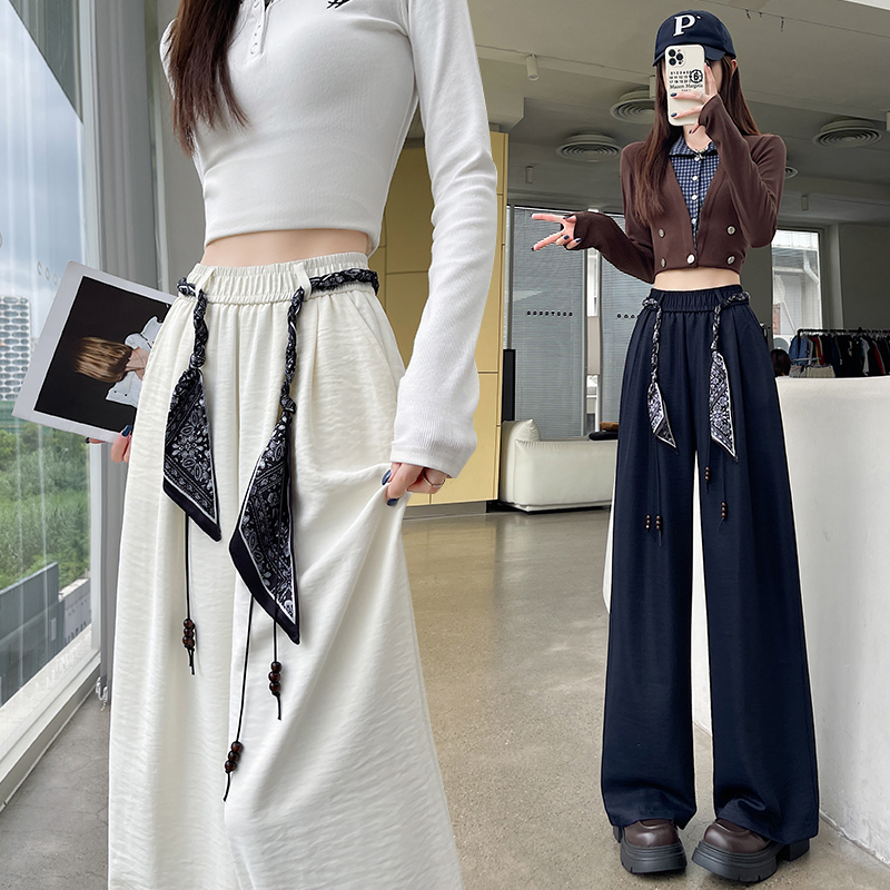 Denim all-match wide leg pants with Casual scarves for women