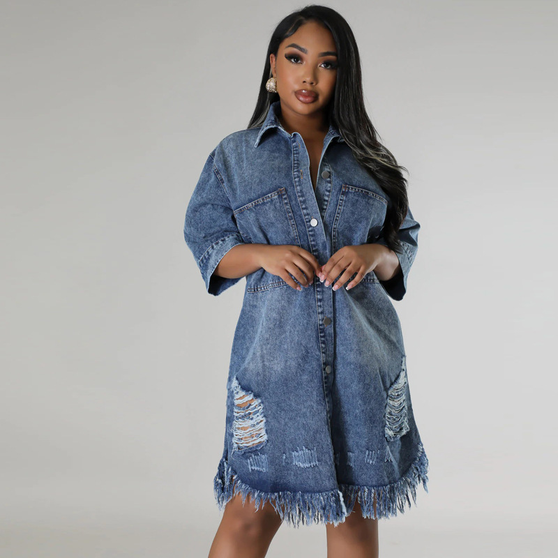Large yard tassels short sleeve lapel holes denim dress