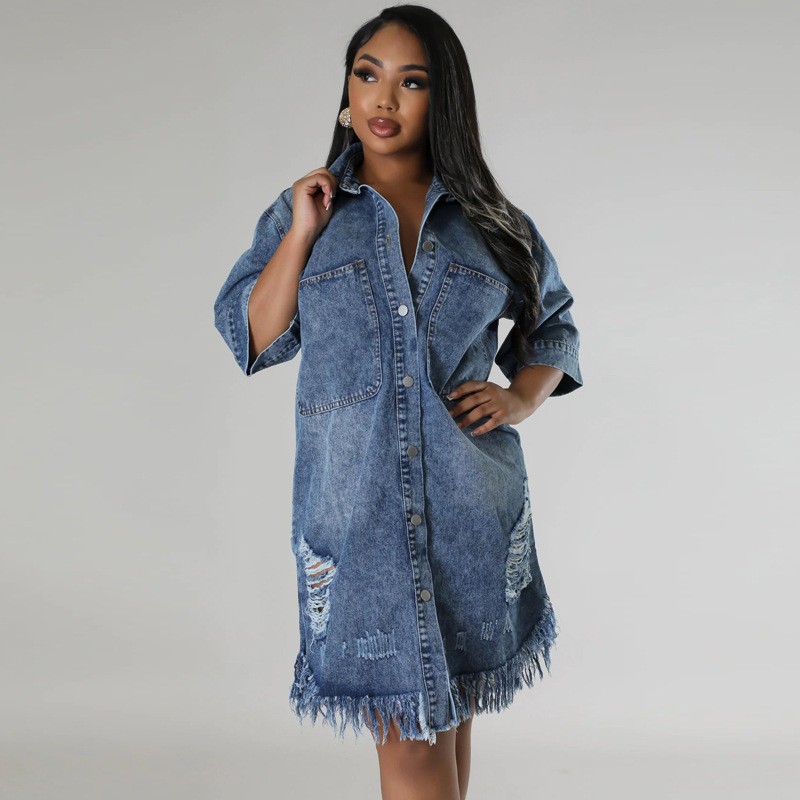Large yard tassels short sleeve lapel holes denim dress