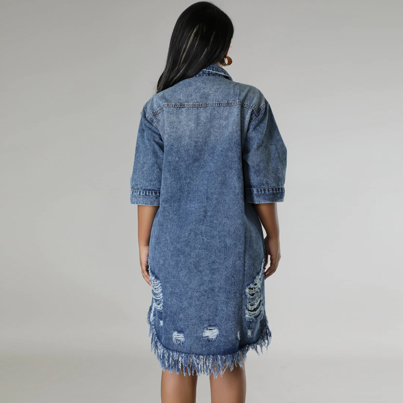Large yard tassels short sleeve lapel holes denim dress