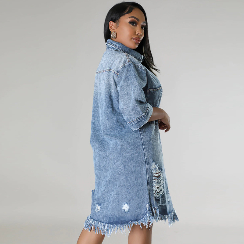 Large yard tassels short sleeve lapel holes denim dress
