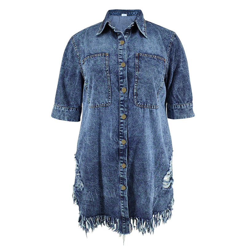 Large yard tassels short sleeve lapel holes denim dress