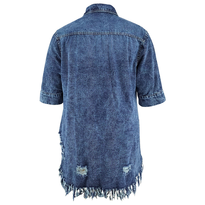 Large yard tassels short sleeve lapel holes denim dress