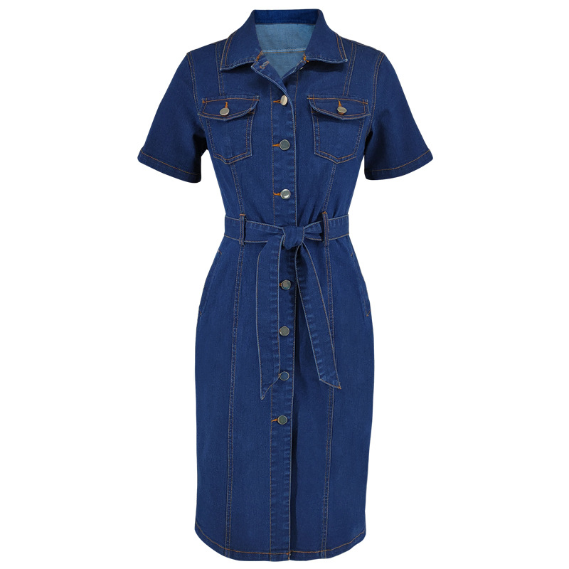 Lapel short sleeve fit pinched waist denim dress