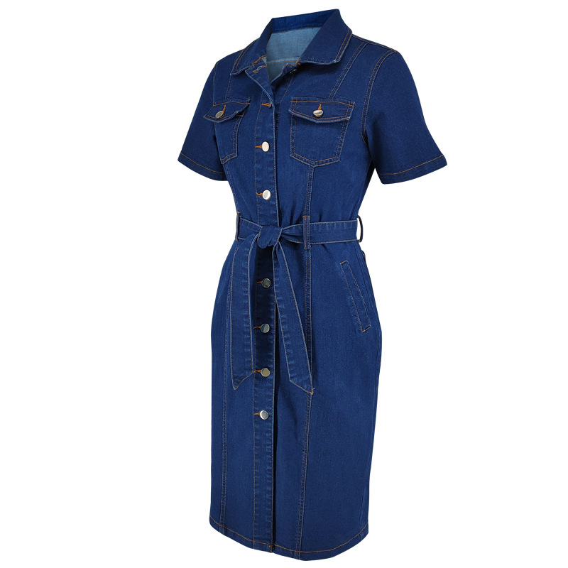 Lapel short sleeve fit pinched waist denim dress