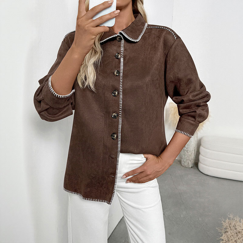 Loose mixed colors lapel shirt Casual retro coat for women