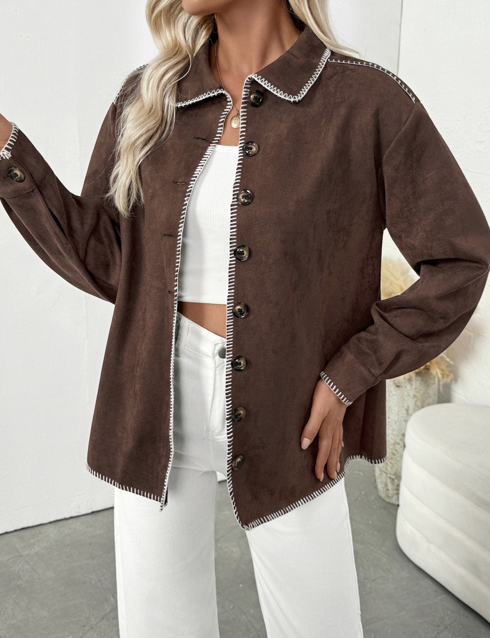 Loose mixed colors lapel shirt Casual retro coat for women