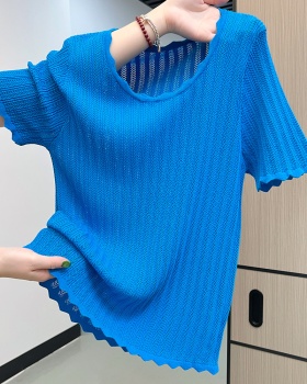 Blue wavy edge ice silk T-shirt hollow summer tops