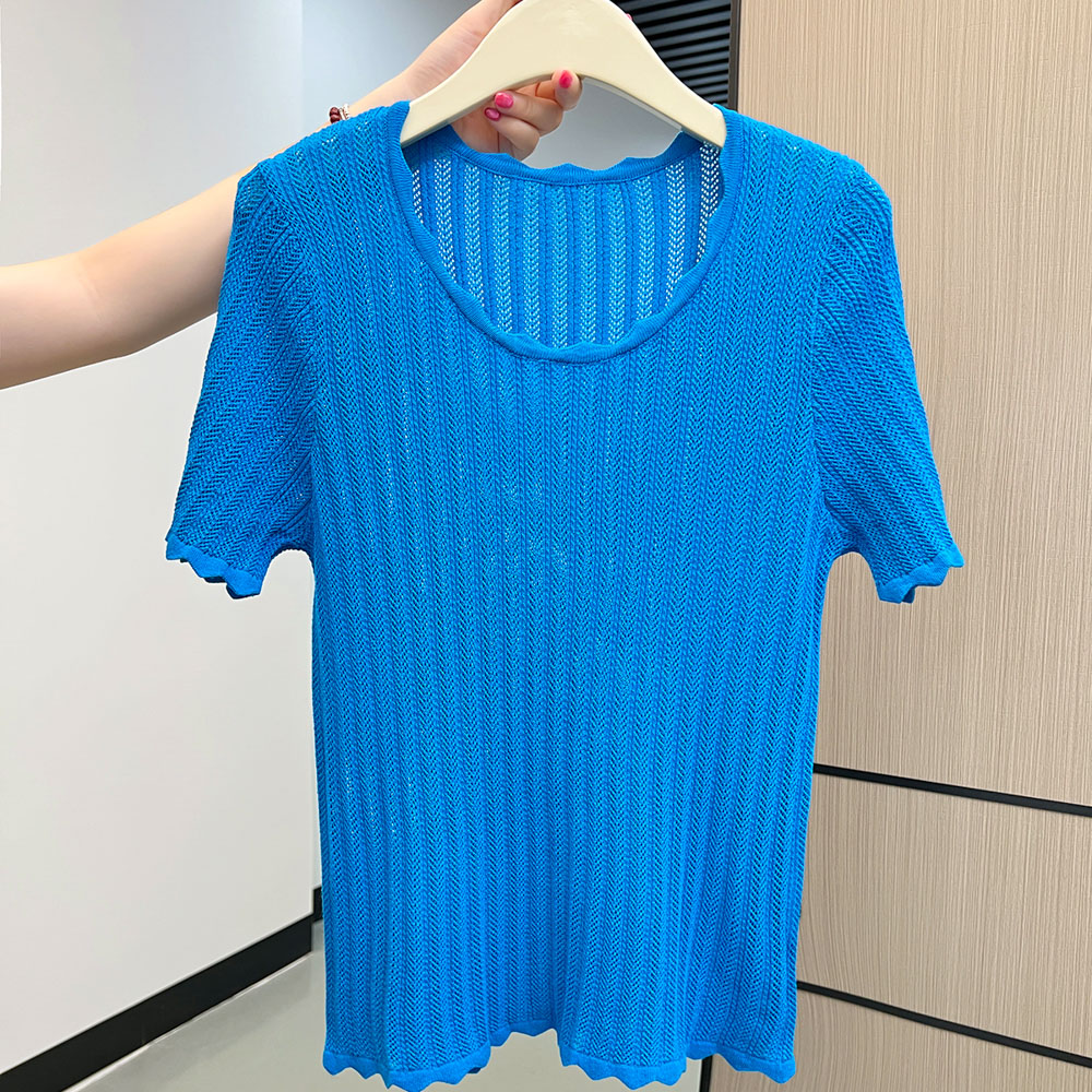 Blue wavy edge ice silk T-shirt hollow summer tops