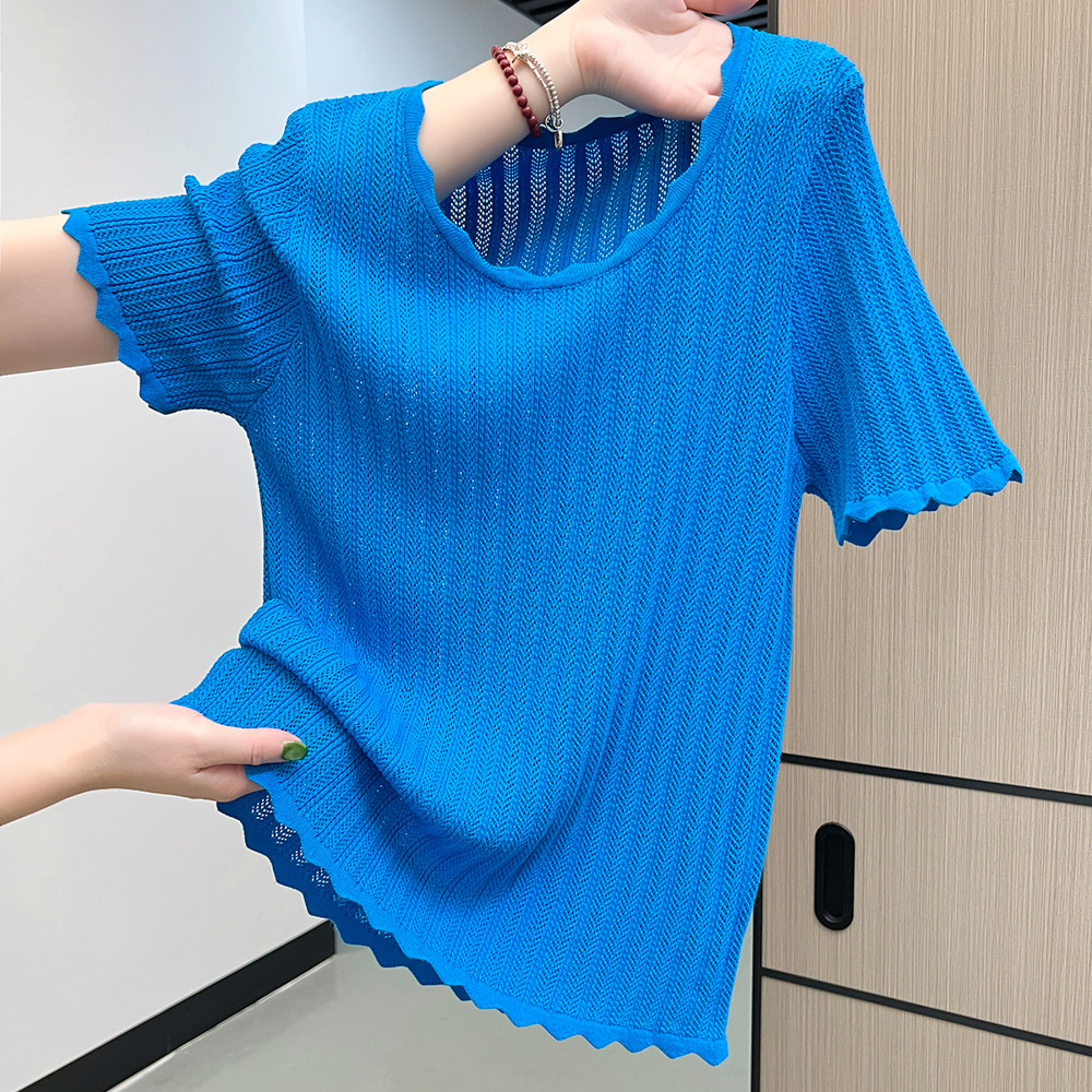 Blue wavy edge ice silk T-shirt hollow summer tops