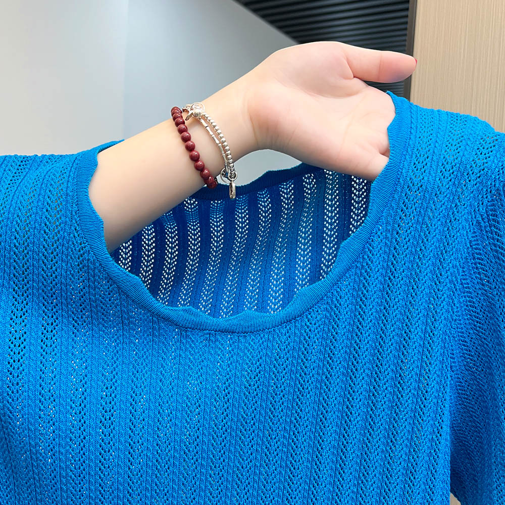 Blue wavy edge ice silk T-shirt hollow summer tops