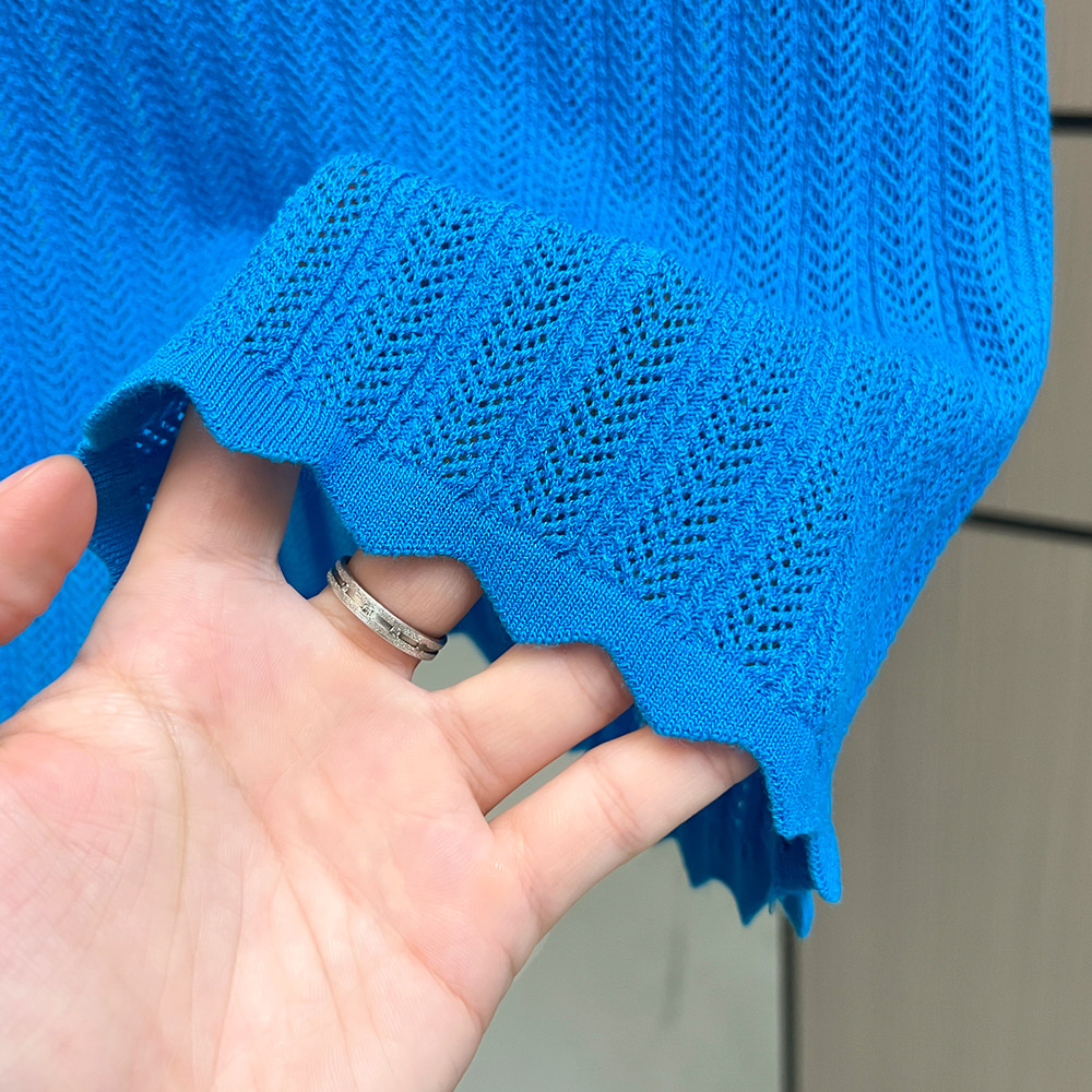Blue wavy edge ice silk T-shirt hollow summer tops