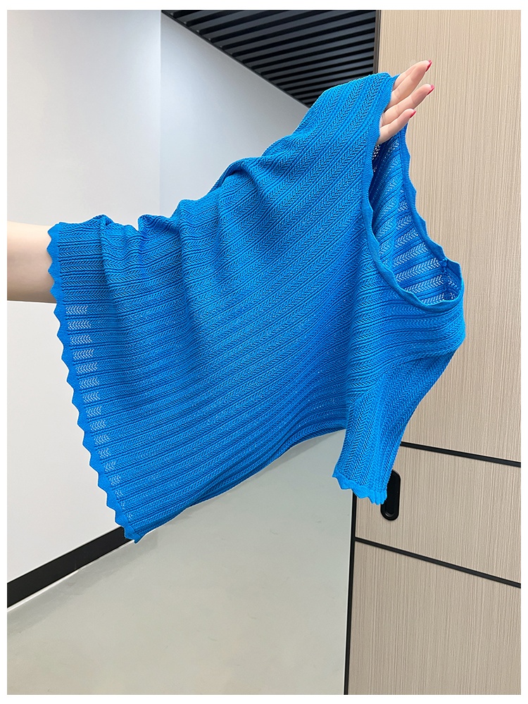 Blue wavy edge ice silk T-shirt hollow summer tops