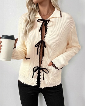 Chanelstyle lapel bow cardigan mixed colors frenum sweater