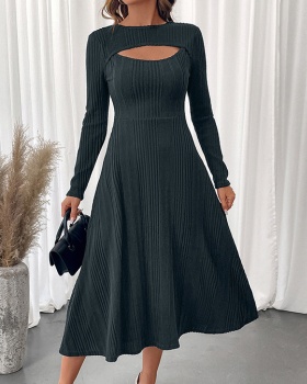 Round neck pure sexy hollow elegant slim dress