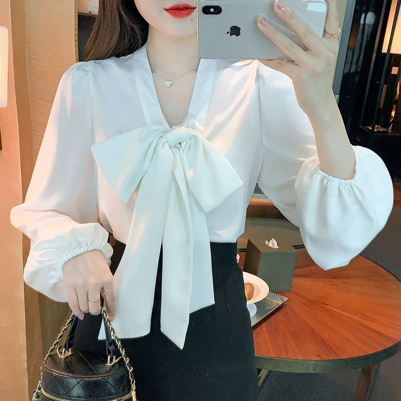 Streamer chiffon chanelstyle tops white bow shirt