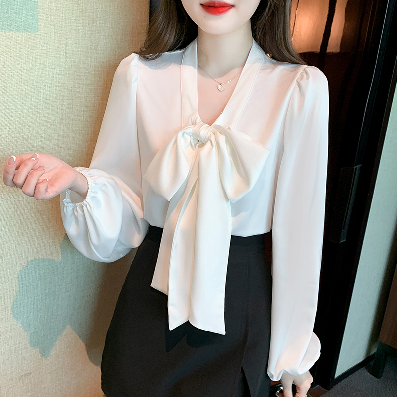 Streamer chiffon chanelstyle tops white bow shirt