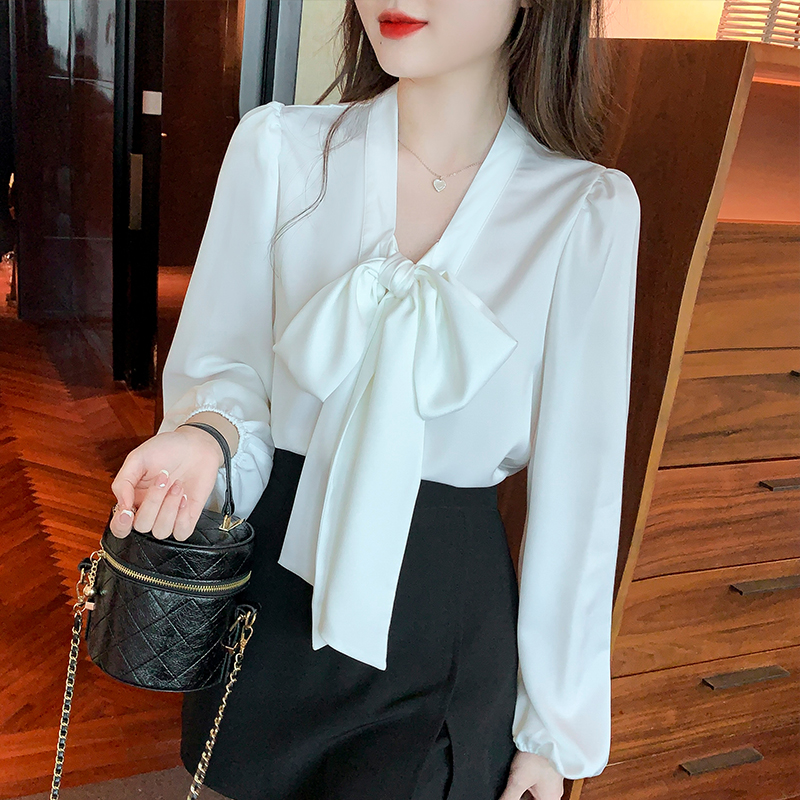 Streamer chiffon chanelstyle tops white bow shirt