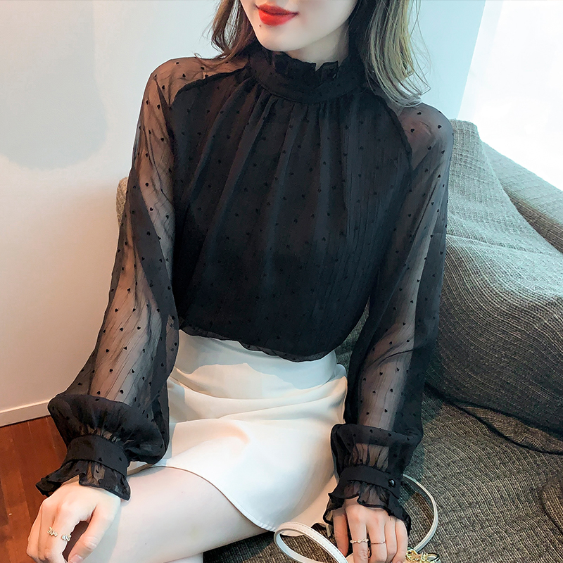 Black gauze shirt chiffon niche tops for women