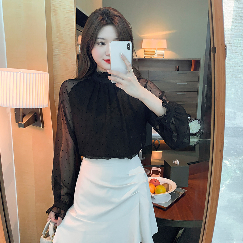 Black gauze shirt chiffon niche tops for women