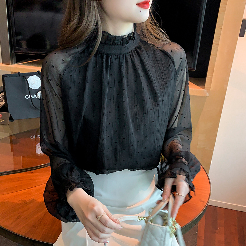 Black gauze shirt chiffon niche tops for women