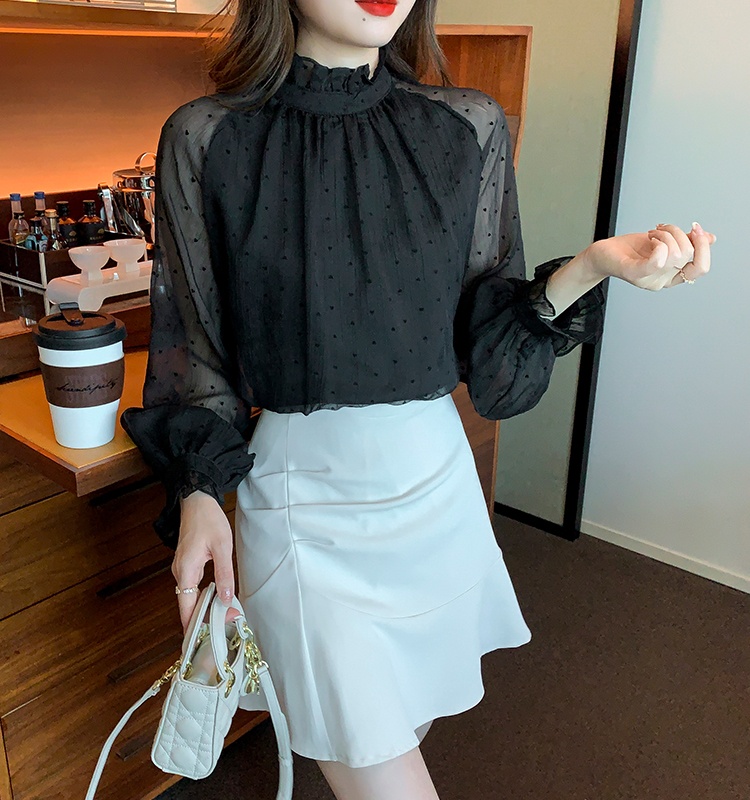 Black gauze shirt chiffon niche tops for women