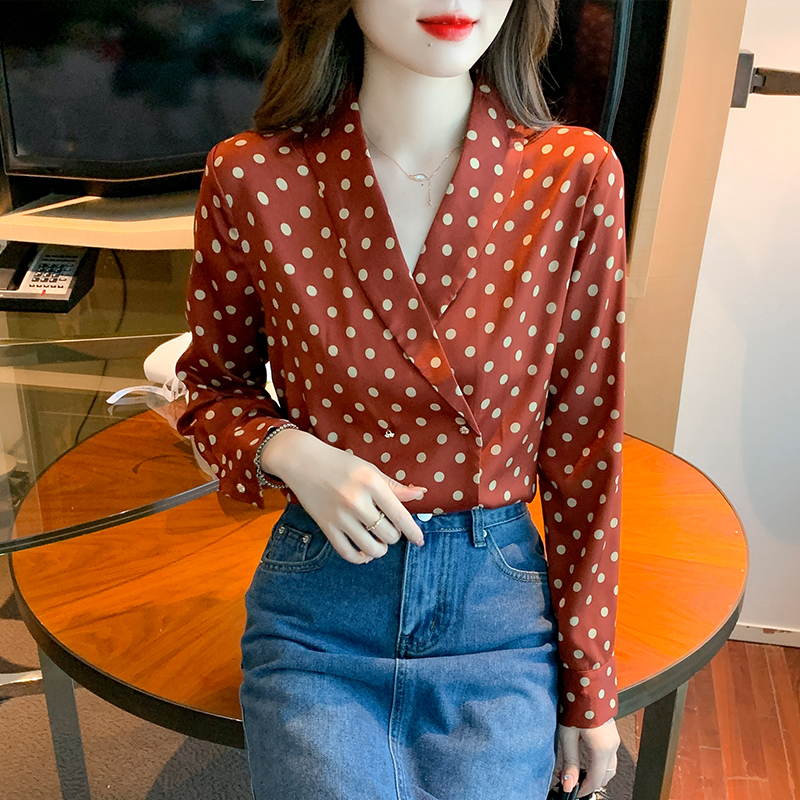 Niche retro chiffon shirt long sleeve polka dot shirt