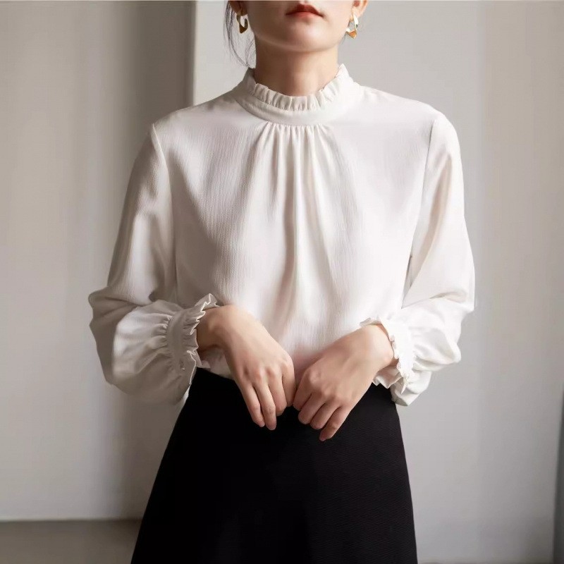 Wood ear commuting elegant shirt autumn white tops for women