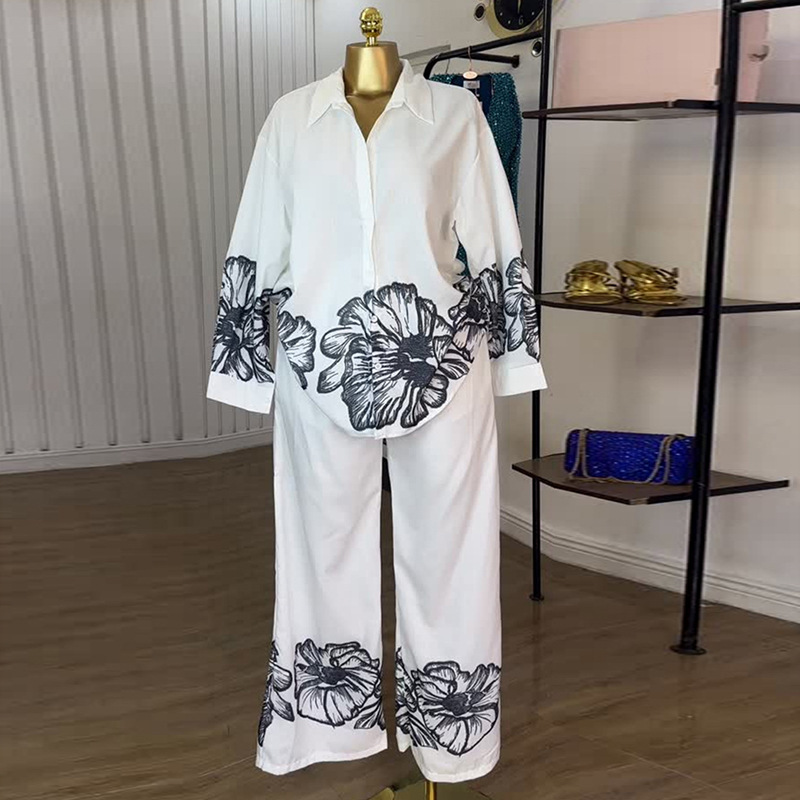 Wide leg long pants printing shirt a set for women