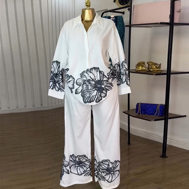 Wide leg long pants printing shirt a set for women