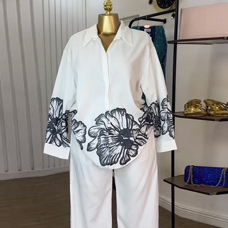Wide leg long pants printing shirt a set for women