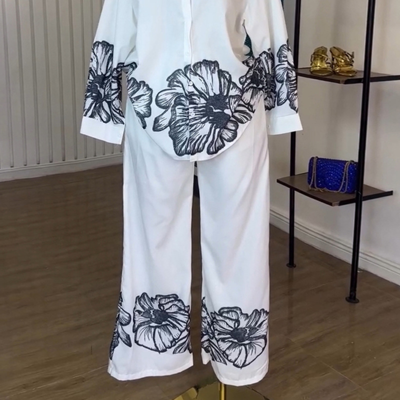 Wide leg long pants printing shirt a set for women