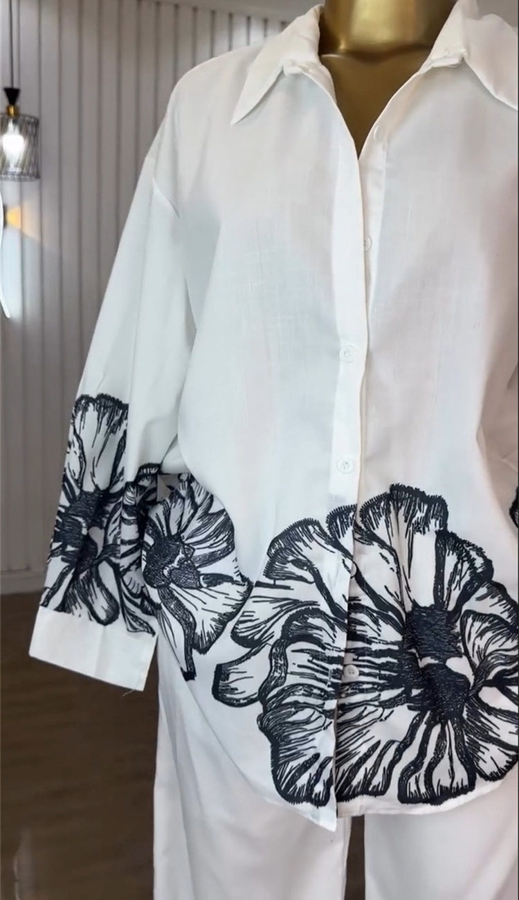 Wide leg long pants printing shirt a set for women