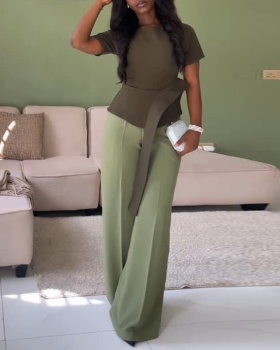 Round neck tops European style long pants a set for women