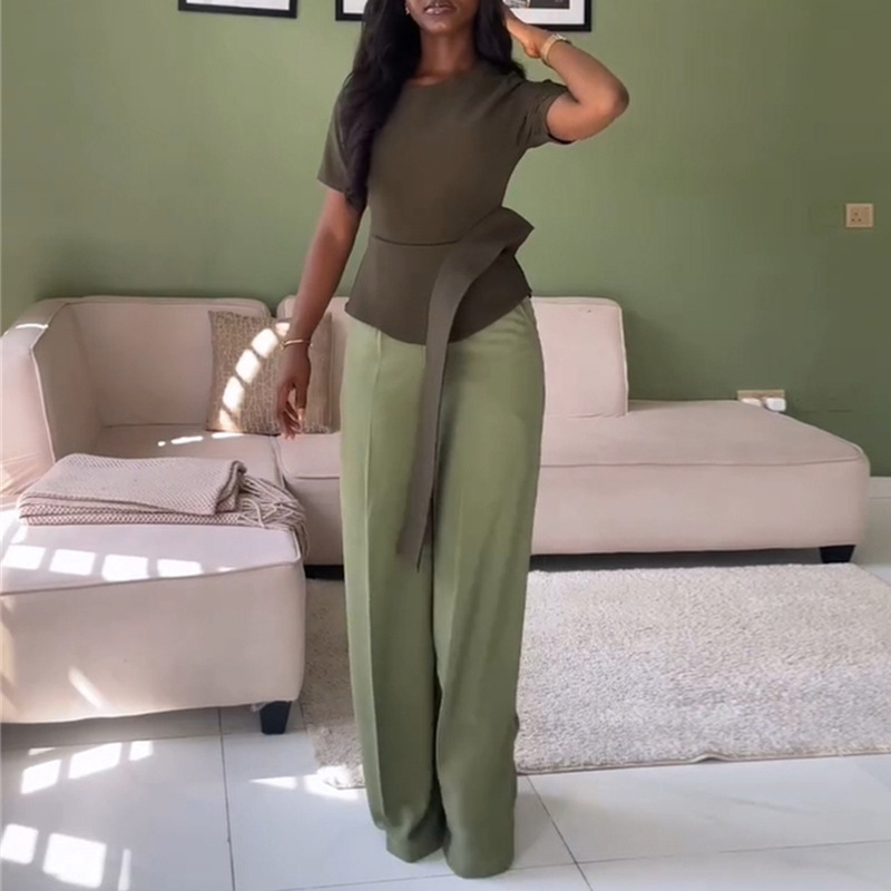 Round neck tops European style long pants a set for women