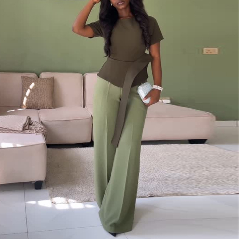 Round neck tops European style long pants a set for women