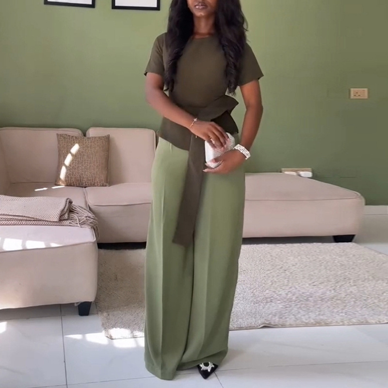 Round neck tops European style long pants a set for women