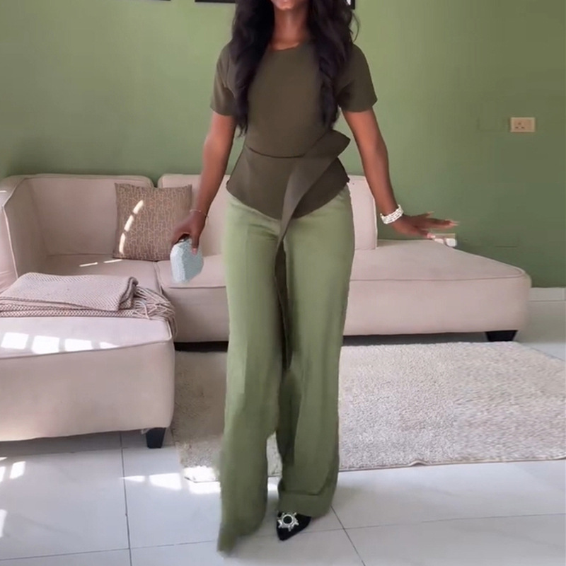 Round neck tops European style long pants a set for women