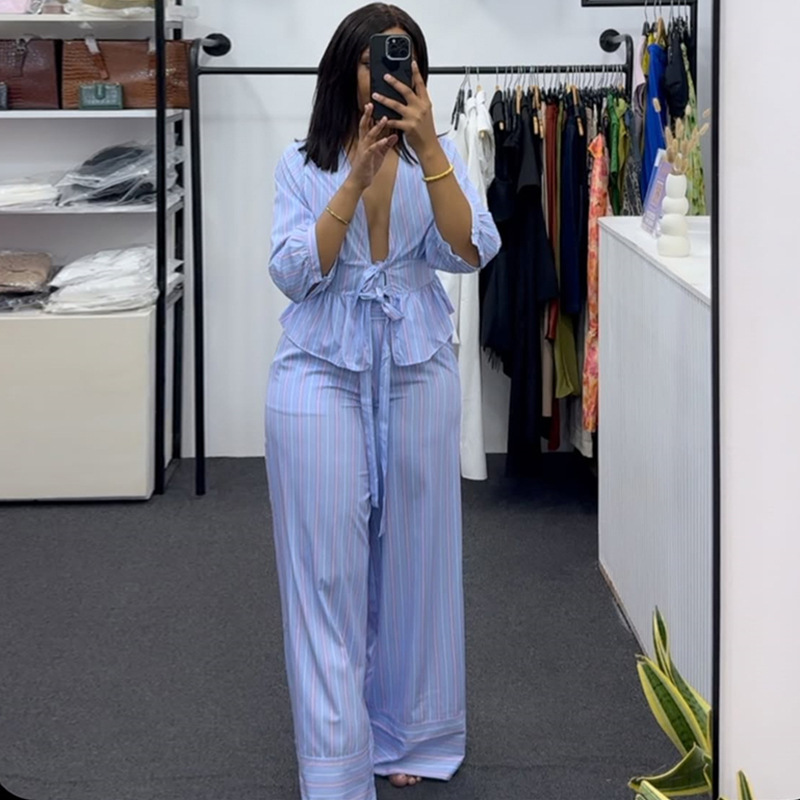 V-neck shirt autumn long pants a set for women