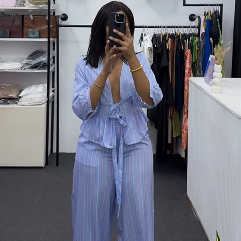 V-neck shirt autumn long pants a set for women
