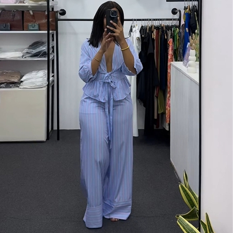 V-neck shirt autumn long pants a set for women