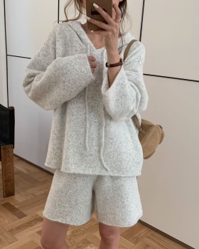 Knitted simple shorts hooded fashion sweater 2pcs set