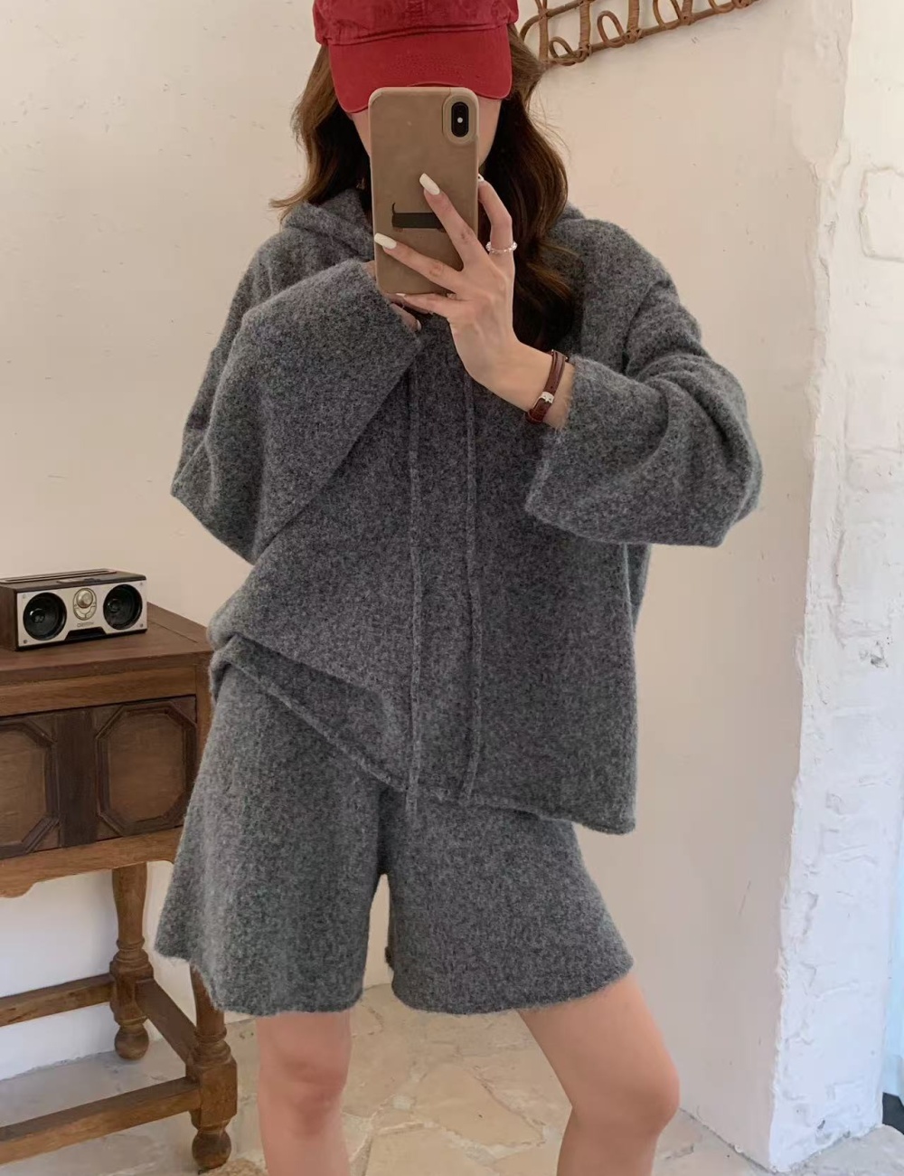Knitted simple shorts hooded fashion sweater 2pcs set