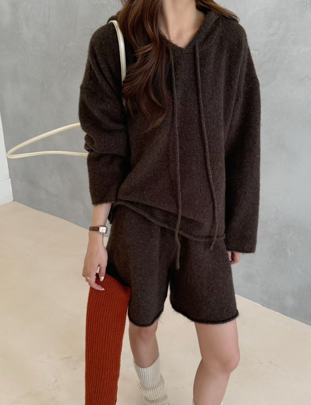 Knitted simple shorts hooded fashion sweater 2pcs set