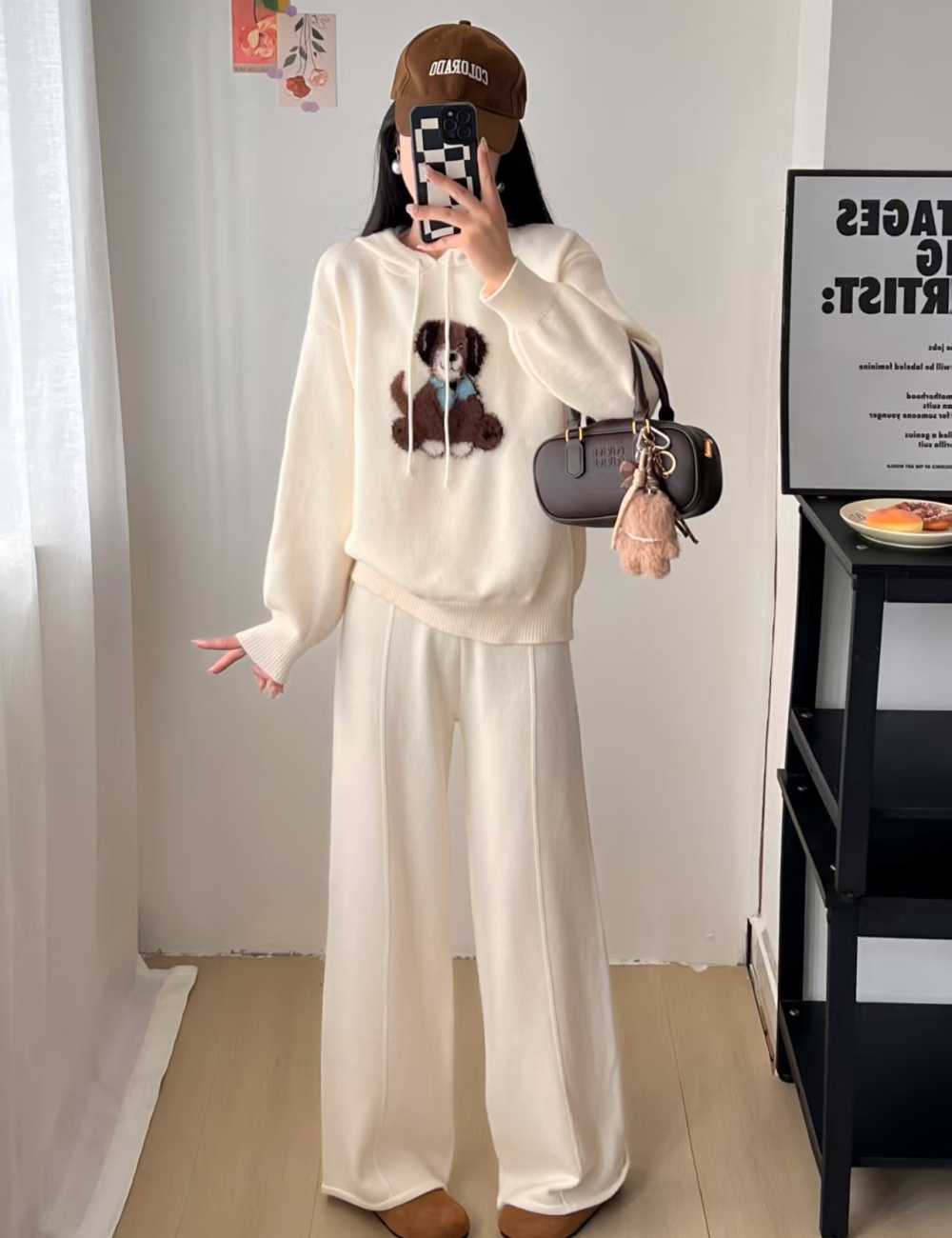 Hooded sweater high waist long pants 2pcs set