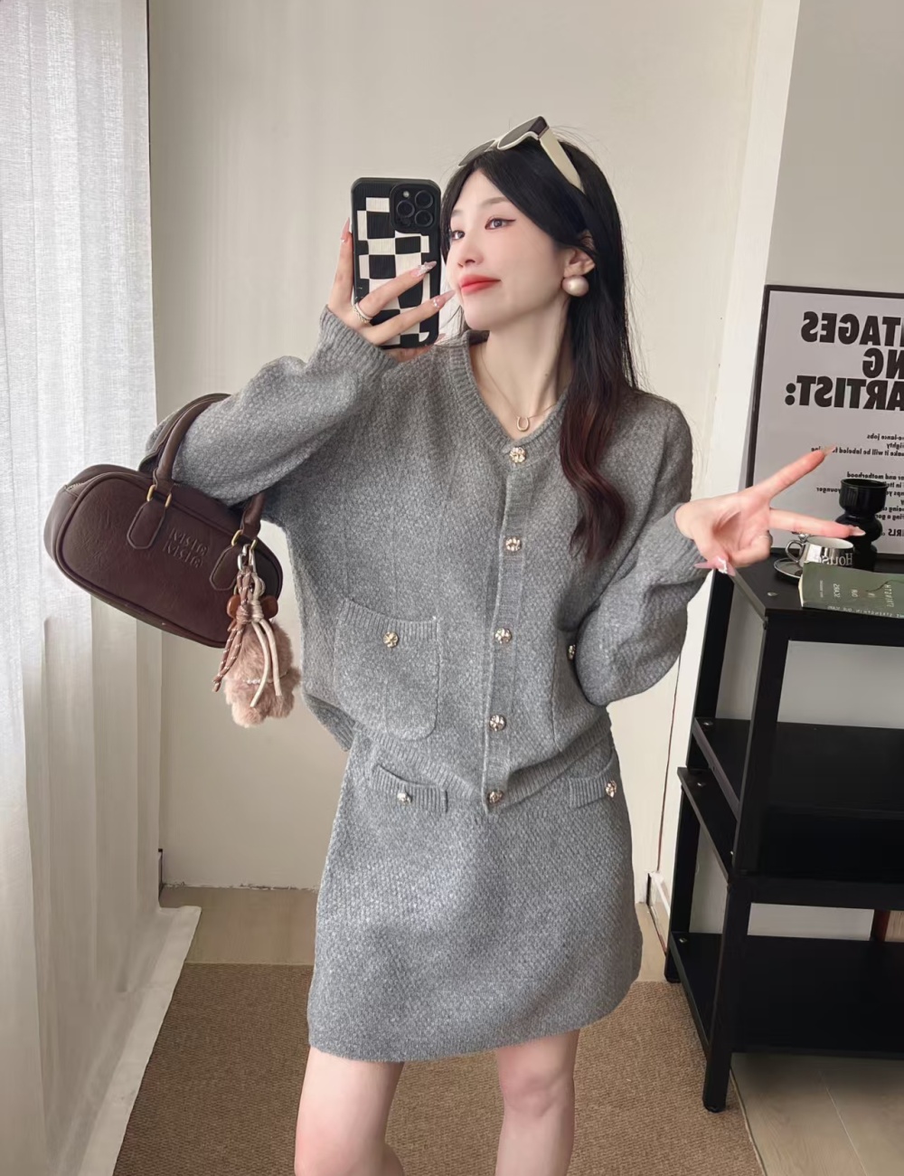 Lazy loose sweater A-line cardigan 2pcs set