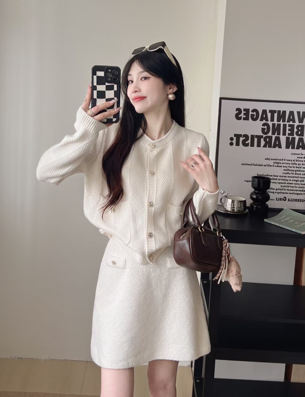 Lazy loose sweater A-line cardigan 2pcs set