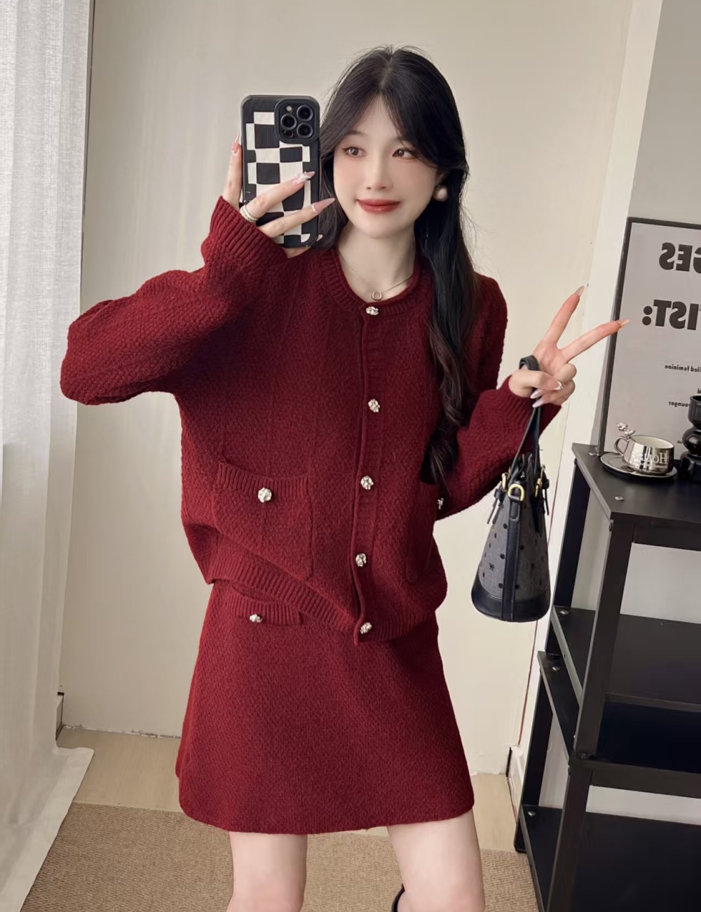 Lazy loose sweater A-line cardigan 2pcs set