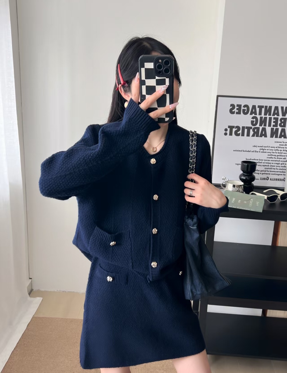 Lazy loose sweater A-line cardigan 2pcs set